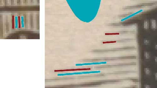 Рис. 10. Neuro Tracer. На изображении старинной гравюры красным цветом отмечены участки с прорисовкой штрихов, а синим — участки с «мусором», которые должны быть удалены