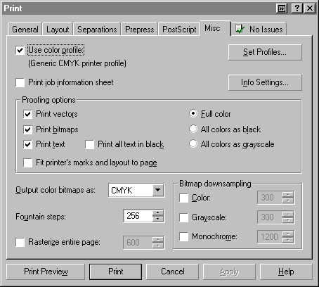 CorelDRAW Print dialog Misc tab