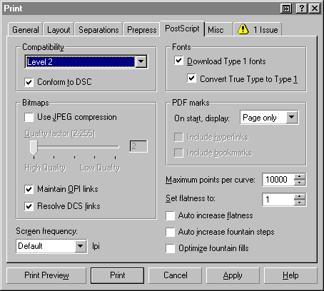 CorelDRAW Print dialog PostScript tab