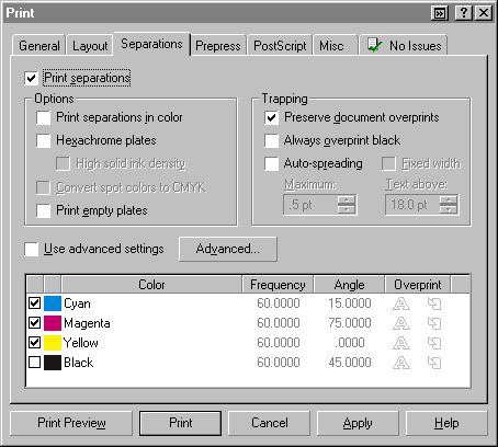 CorelDRAW Print dialog Separations tab