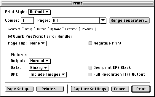 QuarkXPress Print dialog Output tab